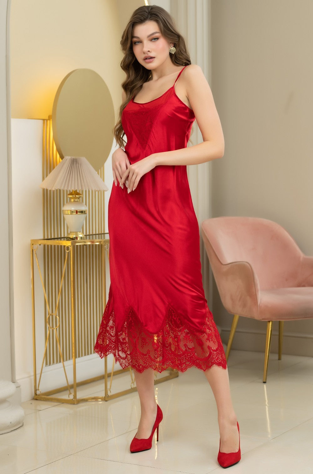 Ester Red 7294R Long Satin Night Dress with Lace
